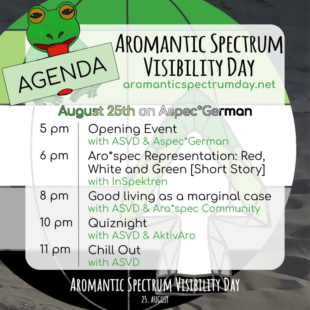 Sharepic with a globe in the colors of the aromantic flag in the background. There is also an arrowhead in the same colors in front of it. In the top left corner a green frog can be seen stretching their head above the semi transparent white layer. With their tongue their holding a sign saying „AGENDA“. Text: Aromantic Spectrum Visibility Day aromanticspectrumday.net August 25th on Aspec*German 5 pm | Opening Event with ASVD & Aspec*German 6 pm | Aro*spec Representation: Red, White and Green [Short Story] with InSpektren 8 pm | Good living as a marginal case with ASVD & Aro*spec Community 10 pm | Quiznight with ASVD & AktivAro 11 pm | Chill Out with ASVD August 25th on Aspec*German is written in aro flag colored writing.