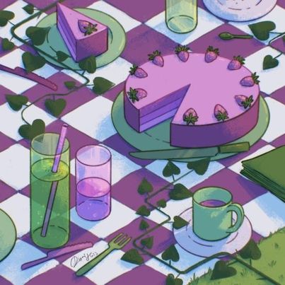 Sketch by @captain_bonnet showing a picnic blanket laying on grass. The blanket is violet white checkered. On top of it a violet strawberry cake, glasses and plates and drinks can be seen. There are also branches with spade shaped leafs. The whole picture is in green an violet tones.