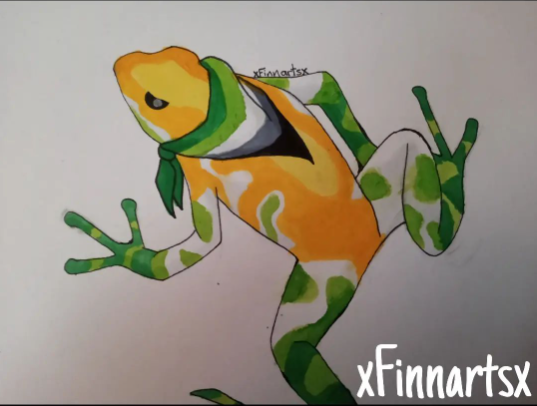 Sketch of a person dart frog in the alloaro flags colours. It has a scarf in the aromantics flags colours. The picture is signed with "xFinnartsx".