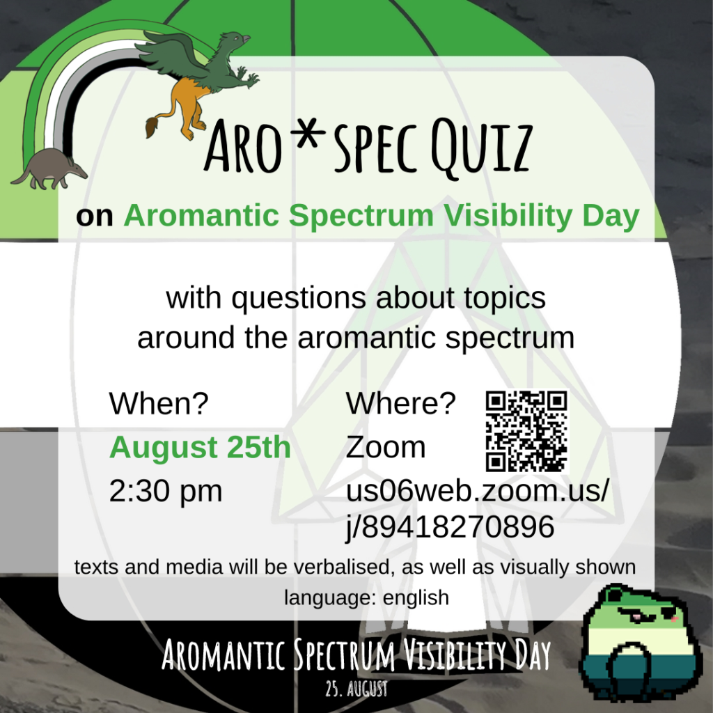 An Aromantic Spectrum Visibility Day Sharepic. It has a globe in the colors of the aromantic flag in the background. An arrowhead in the same colors is in front of it. On top of it is a semitransparent white layer. In the top left corner, an aromantic flag coloured rainbow spans from an anteater to a griffin. Text: Aro*spec Quiz on Aromantic Spectrum Visibility Day with questions about topics around the aromantic spectrum When? August 25th 2:30 pm Where? Zoom us06web.zoom.us/j/89418270896 texts and media will be verbalised, as well as visually shown language: english AROMANTIC SPECTRUM VISIBILITY DAY 25. AUGUST Next to the info concerning the zoom meeting, a QR-code is shown. Both the link and the code lead to the zoom meeting. In the lower right corner is a frog in the colours of the aromantic spectrum flag.