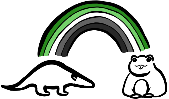 There are the sketches of  an anteater and a frog (line art). A rainbow in Aro-colours spans from one to the other.